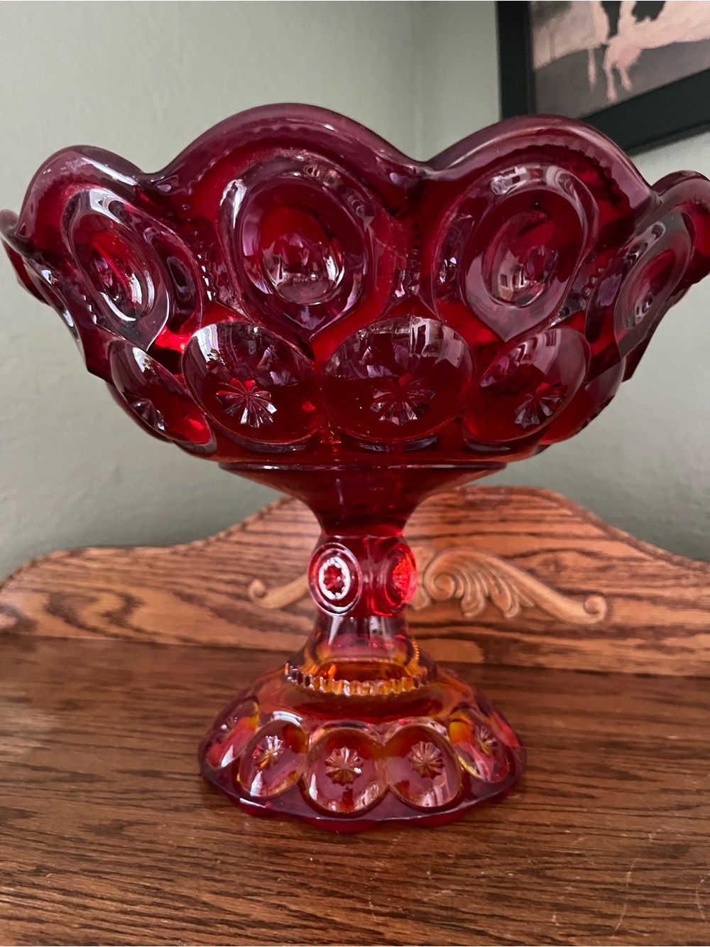 Vintage L.E. Smith Moon & Stars Amberina Pedestal Compote – Cadmium Glow UV
